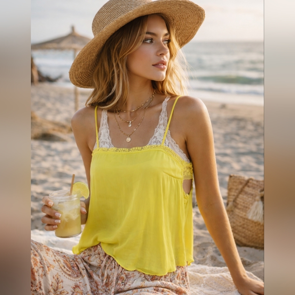 Free People Yellow Lace Cami XS NWT | Boho Coastal Cowgirl Summer Top